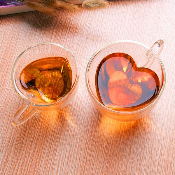 Tasses à café en verre à double paroi de 180 ml tasses à thé au lait en forme de coeur de mode transparente avec poignée cadeaux romantiques LLS756-WLL