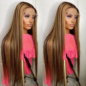 Perruque Lace Front Wig naturelle lisse, cheveux humains, blond miel ombré 180%, reflets colorés, 13x6, 30 34 pouces