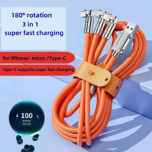 180 ° ROTATION 3 IN 1 Câble de données USB 120W Type-C Câble de chargement super rapide pour iPhone Android Type-C Chargeur de téléphone mobile Cable Câble 1,2 m