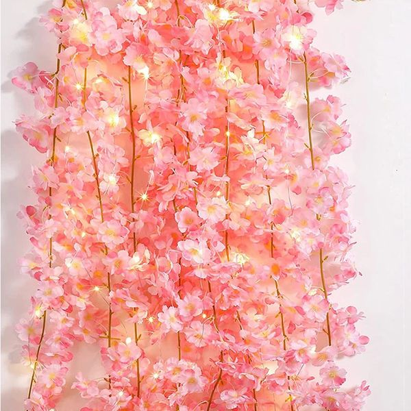 180 cm fleurs artificielles fleur de cerisier Sakura guirlande de mariage arc de jardin toile de fond lumières LED décor de fête à la maison fausses plantes vigne 240301