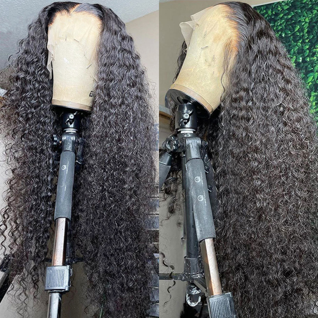 180Ddensity Curly Simulation menschliches Haar Brasilianische Wasserspitzen -Vorderperücken für Frauen vorgezogener schwarzer Farbe Deep Wave Synthetische Frontalperücke