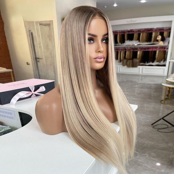 180densité 13x4 Hd Lace Frontal Wig Light Brown Blonde Highlights Perruques de cheveux humains pour les femmes droites Full Lace Front Wig Synthétique Vente Sans Colle