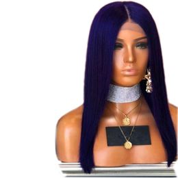 180densidad color azul 360 peluca frontal de encaje Peluca larga recta de 4 pulgadas de parte profunda Peluca delantera de encaje sintético para mujeres negras