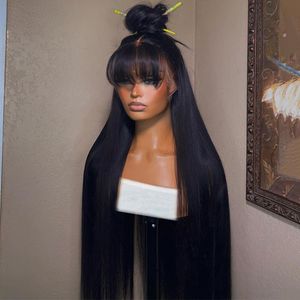 180 Densesity Brésilien Hair Part Straightwig With Bangs Simulat Heuving Hair Wigs Wig Wig Wig Noire sans perruque avant en dentelle Full