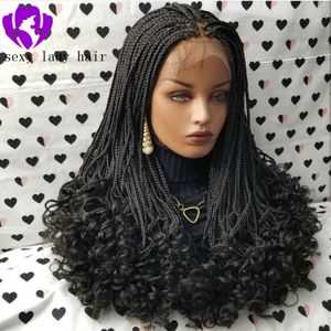 180Density Full 24 inches Zwart / Bruin / Bourgondische Box Vlechten Pruik Volledig Hand Paardenstaart Synthetische Kant Front Goddess Vlechten Pruik met Curly Tips