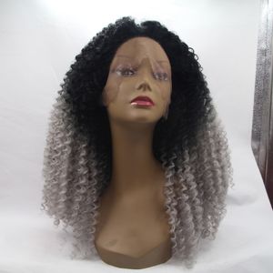 180density full Afro Kinky Curly Wig Ombre gris Perruque Glueless Synthétique Lace Front Wig Avec Bébé Cheveux Résistant À La Chaleur Perruques Pour Les Femmes Noires