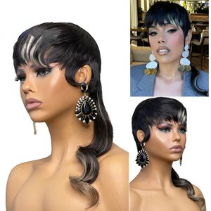 180Densité Pleine Cheveux Brésiliens Court Pixie Cut Perruques Mettez En Surbrillance Blonde Perruque Avec Bangs Vague De Corps Sans Colle Ombre Perruques De Cheveux Humains Pour Les Femmes