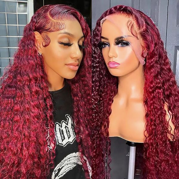180density Full Garnet Red Curly Lace Front Perruques de cheveux humains 99J Bourgogne Lace Front Wig 40 pouces Deep Wave Frontal Wig Synthétique