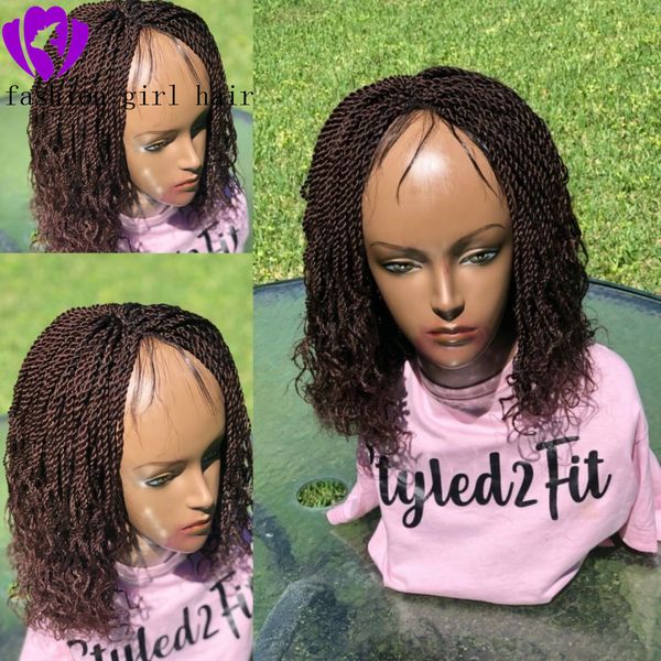 180DENSIDAD Caja trenzada corta completa Trenzas trenzas con peluca rizada Frente de encaje negro natural Peluca sintética resistente al calor para mujeres negras