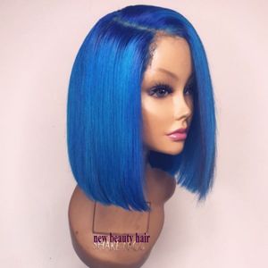 Perruque frontale courte bleue avec raie latérale complète de 180 de densité, perruques Bob synthétiques en dentelle 360 avec cheveux de bébé pour femmes noires, blondes/vertes/Rose Rose