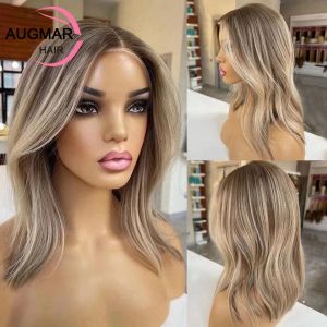 Perruque Lace Front Wig synthétique transparente HD, cheveux naturels, courts et ondulés, reflets blonds, densité 180