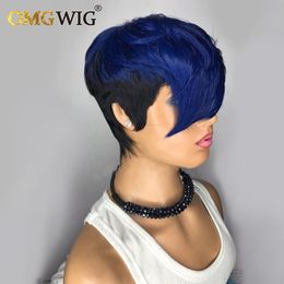 180density Ombre Blue Short Pixie Cut Bob Body Wave Human Hair Brazilian Straight Full Lace Wigs For Black Woman