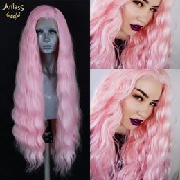 Perruque Lace Front Wig synthétique ondulée longue et ample, couleur rose, sans colle, faux cheveux pour femmes, densité 180