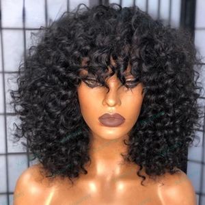 180 Dichtheid Korte Afro Krullend Pruik voor Vrouwen Bob Krullend Menselijk Haar Pruiken met Pony Volledig Zwart/Bruin /Rood Synthetisch HITTEBESTENDIG