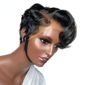 Perruque Lace Front Wig naturelle brésilienne Remy, cheveux courts Pixie Bob, sans colle, ombré brun noir, HD, densité 180, pour femmes