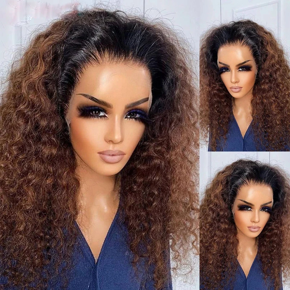 180Density Soft Long Ombre Blonde Brown Curly Lace Front Wig Human Hair for Black Women Baby Hair Heat Resistant Full Lace Synthetic Wig Preplucked Glueless