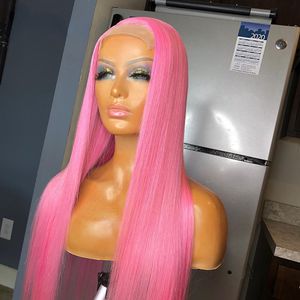 Perruque Lace Front Wig synthétique lisse rose transparente, perruque Lace Front Wig à reflets lisses de 180 de densité pour femmes noires