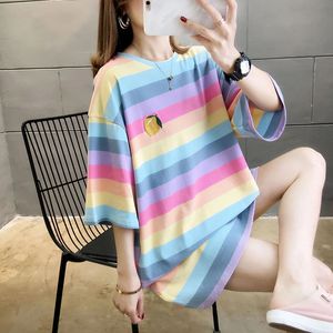 180g Milkshake printemps d'été Wear Stripes arc-en-ciel T-shirts Femmes Midlengle Tops O Cou Modèle à manches courtes Tées 240403