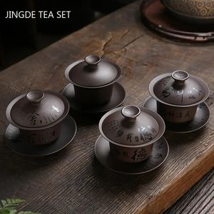 180ml Vintage Argile Pourpre Gaiwan Chinois À La Main Tasse À Thé Ménage Beauté Thé Infuseur Personnalisé Portable Tasse À Thé avec Couvercle 240118