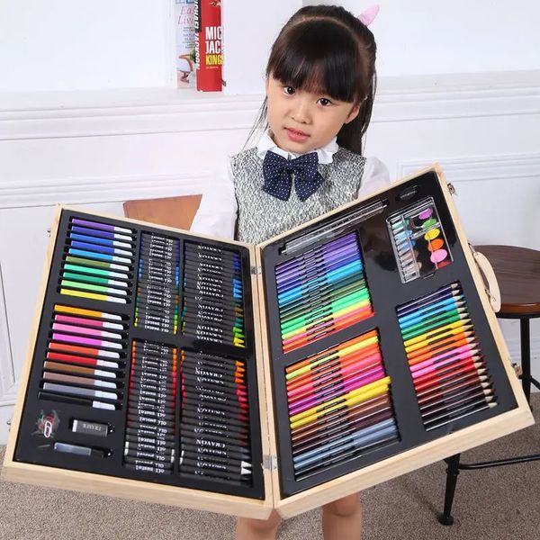 180pcs marqueurs ensemble aquarelle stylo crayon grande capacité en bois boîte-cadeau peinture crayon huile pastel pour les étudiants fournitures d'art 231220