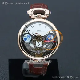 1822 Ottantasei Tourbillon Zwitsers quartz herenhorloge 18K roségouden stalen kast Witte skelet wijzerplaat Bruine lederen band Horloges Puretime Z01B2