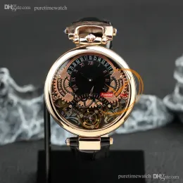 1822 Ottantasei Tourbillon Zwitsers quartz herenhorloge 18K roségouden stalen kast Zwarte stok skelet wijzerplaat Bruine lederen band Horloges Puretime Z01F6