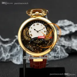 1822 Ottantasei Tourbillon Zwitsers quartz herenhorloge 18K geelgouden stalen kast Witte stok skelet wijzerplaat Bruine lederen band Horloges Puretime Z01E5