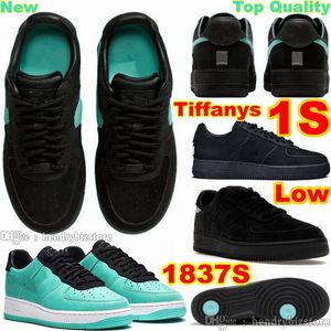 1837S Tiffanys 1S Lage Basketbalschoenen DZ1382-001 Heren Dames Mid High Fashion Sneakers Smokey Blauw Zwart Nubuck Build Proffers Tumbled Leather Trainers Met Doos