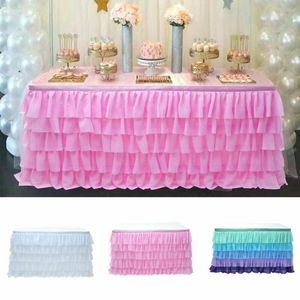 185cm x 77cm Effen Kleur Tafel Rokken Tule Ruffled Tafel Rok Decoratie voor Rechthoek Ronde Tafel 5-Layer Home Decor Wit 201007