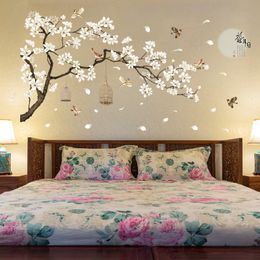 Pegatinas de pared de árbol de gran tamaño de 187x128cm, papel tapiz de decoración para el hogar con flores y pájaros para sala de estar, dormitorio, decoración de habitaciones DIY