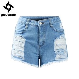 1875 Youaxon Women Style Style High Taist Ripped True Denim Short Femme pour femme Jean en détresse 240418