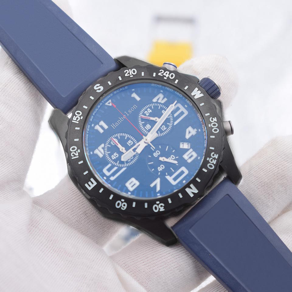 1884 hommes montres bracelet en caoutchouc bleu VK batterie chronographe mouvement à Quartz montres-bracelets Luxusuhr lumineux Hanbelson