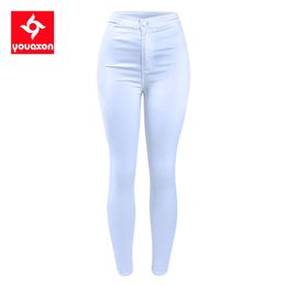 1888 Youaxon Mujeres `s de Cintura Alta Blanco Básico Moda Casual Estiramiento Flaco Denim Jean Pantalones Pantalones Jeans Para Mujeres 210708