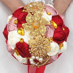 18 CM luxe Gouden Kristallen Broche Bruidsboeket Goud Satijn Rose Bruidsboeket Lint Boeketten de Mariage Bruiloft Bloemen