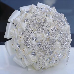 18 CM Lujo Marfil Seda Rosa Flores de la boda Broche de cristal Nupcial con flores Borla Diamante completo Puntada Ramos de boda 297R