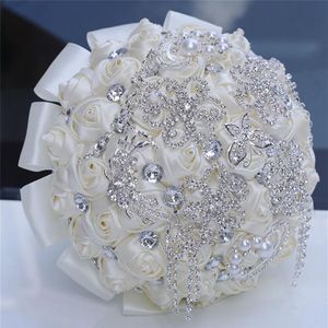 18CM luxe ivoire soie rose fleurs de mariage broche en cristal mariée tenant des fleurs gland plein diamant point mariage Bouquets215b