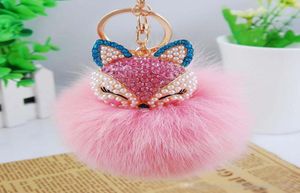 18Color Cute Bling Rhinestone Fox Real Rabbit Fur Ball y Keychain Car Key Chain Ring Pendant voor zak Charm 91923477570503