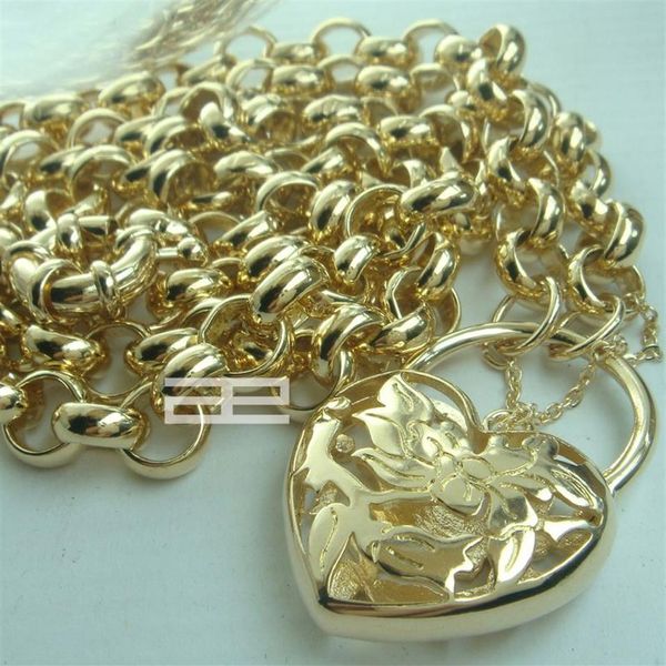 18CT 18K Gold Filled Heart Belcher Bolt Ring chaîne cadenas Collier solide N188228G