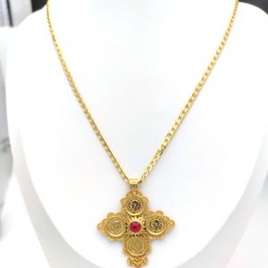 18ct THAI BAHT G/F or croix pendentif collier vert bleu rouge CZ chaîne tête portrait pièce vendeur gourmette 20