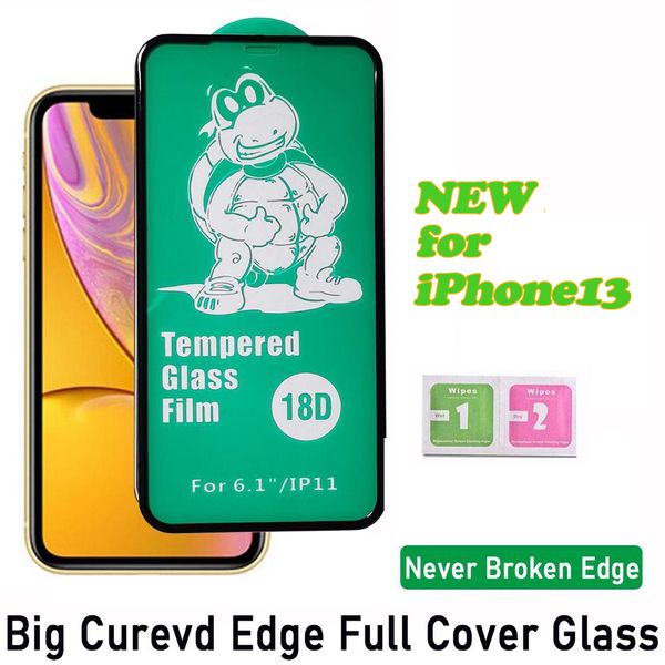 18D Airbag Soft Edge Full Glue Cover Protecteur d'écran en verre trempé pour iPhone 14 13 12 Mini 11 Pro Max XS XR X 8 7 6 6S Plus SE Guard Film de protection 3D incurvé Premium