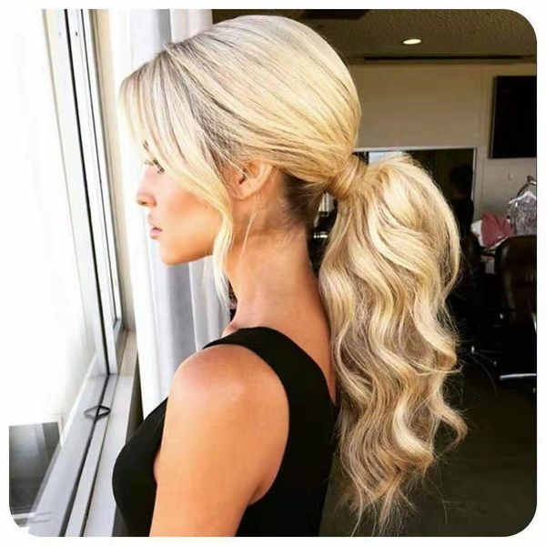 Clip 18inch en queue de cheval Extension Enroulable Pony Tail Human Hair Honey Ash Blonde Balayage Bleach Blonde avec clip One Piece Hairpie 613