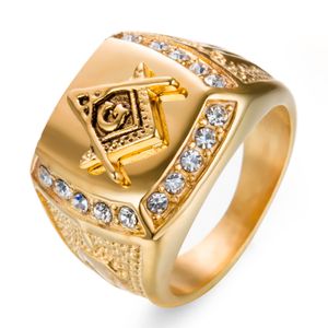 18K Gold 316L en acier inoxydable Freemasonry Ring Compass Square Mason Mason Custom Masonic Emblem Signs Class Rings With Crystal Stones