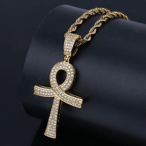 Or 18 carats et or blanc plaqué diamant Ankt Clé de vie Croix Pendentif Chaîne Collier Zircon Cubique Hip Hop Rappeur Bijoux pour Men250d