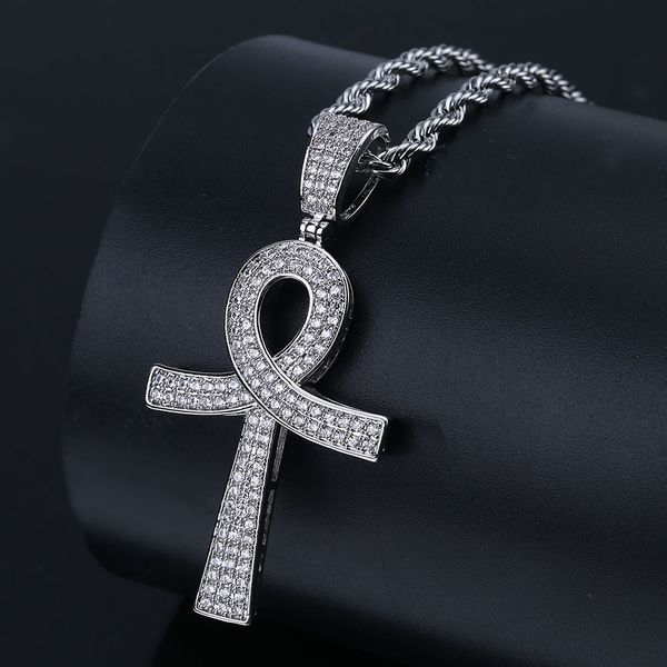 Or 18 carats et plaqué or blanc diamant Ankt clé de vie croix pendentif chaîne collier zircon cubique hip hop rappeur bijoux pour hommes293s