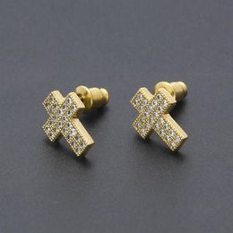 18K Gold Bling Cubic Zirconia Cross Earring Studs Mens Dames Hip Hop Stud Oorringen Iced Diamond Rapper Sieraden Geschenken voor BO288K