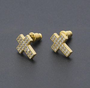 18K Gold Bling Cubic Zirconia Cross Earring Studs Mens Dames Heup Hop Oorbellen Iced Out Diamond Rapper Sieraden Geschenken voor Jongens Meisjes