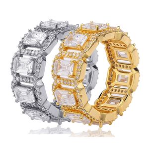 18K Or Bling Rectangle CZ Cubic Zirconia Mens Hip Hop Ring Band personnalisé Iced Out Full Diamond Rappeur Bijoux Cadeaux pour Hommes Femmes