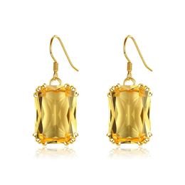 Pendientes colgantes de citrino de Color dorado de 18 quilates, colgante de plata de ley 925 auténtica para mujer, joyería femenina Vintage a la moda 240112