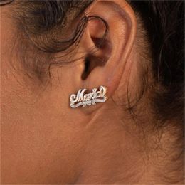 Boucles d'oreilles à double script à double plateau en or 18 carats en acier inoxydable