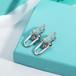Boucles d'oreilles en forme de double U en or 18 carats pour femmes, marque de luxe de mode, style OL, anneaux d'oreille en cristal brillant, boucle d'oreille fête wed280D